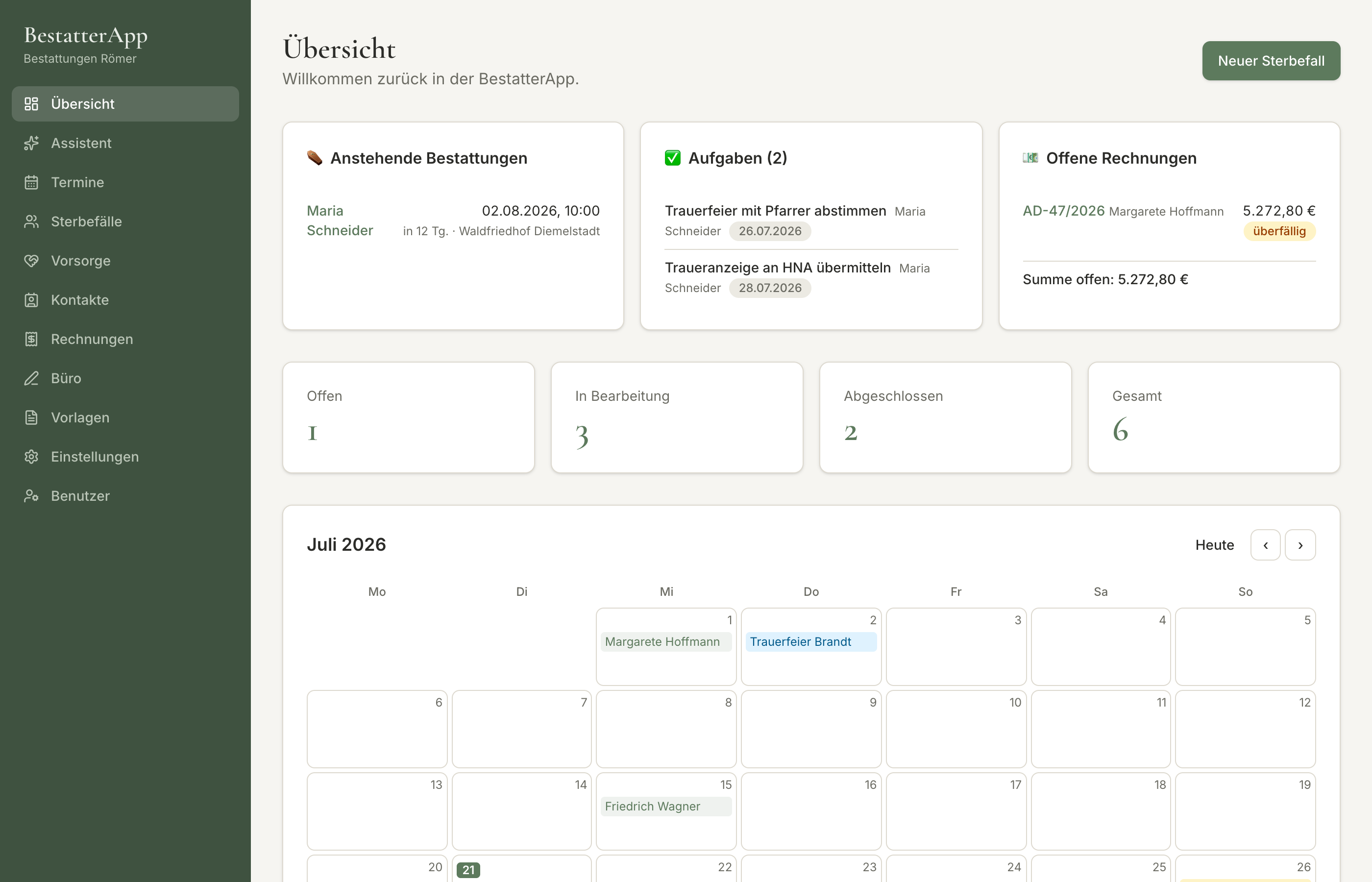 BestatterApp – Übersicht mit anstehenden Bestattungen, Aufgaben und Kalender